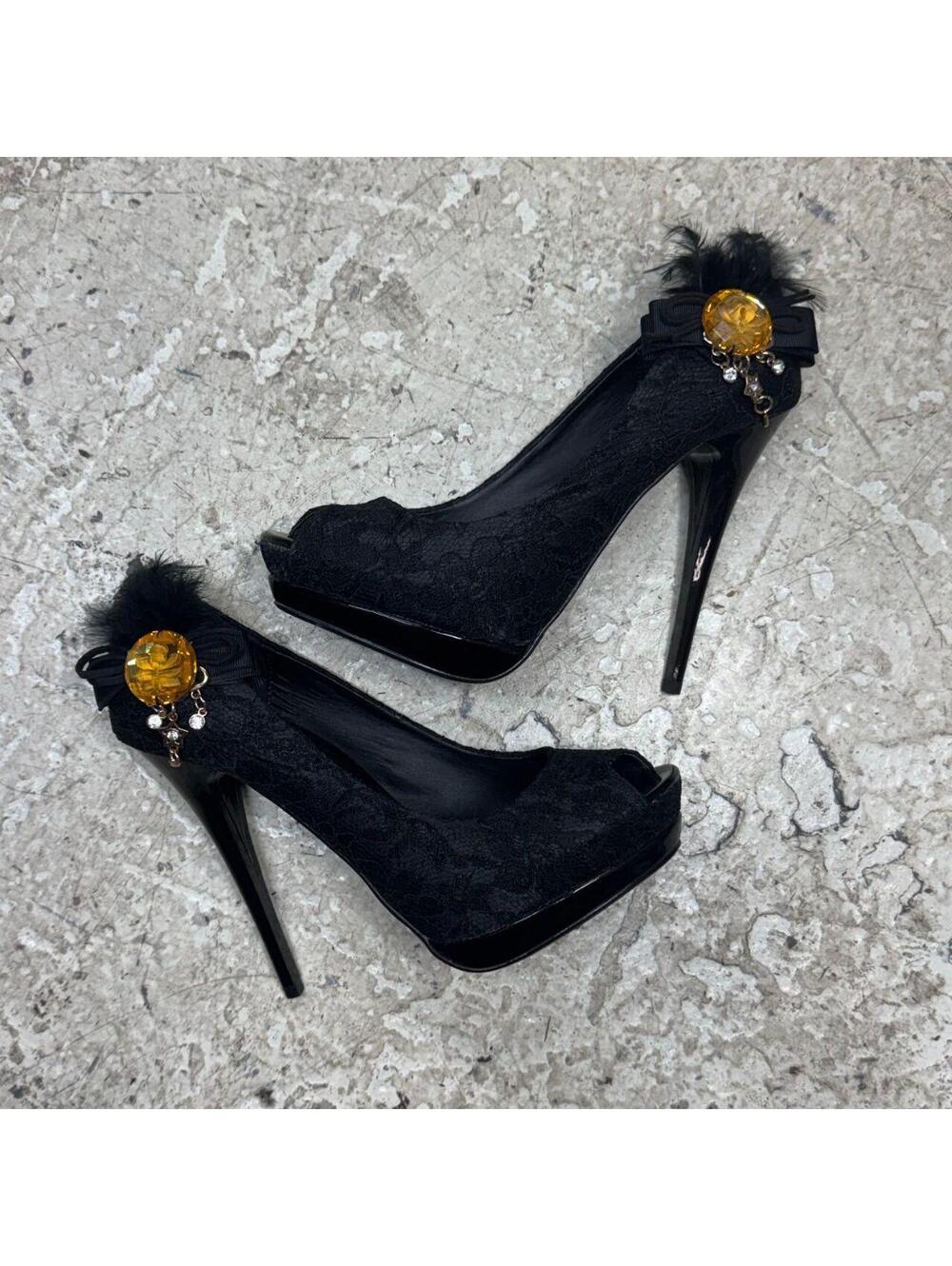 Vintage Y2K Gothic Black Floral Lace Platform Peep-Toe Stiletto Pumps
